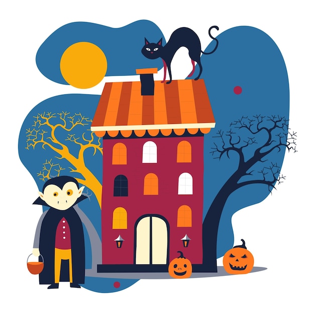 Costume e casa di dracula gatto nero e zucche di festa di halloween