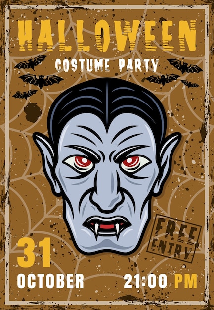 Dracula halloween kostuum partij vector uitnodiging poster met vampier hoofd Vintage illustratie met grunge texturen en voorbeeldtekst op afzonderlijke lagen