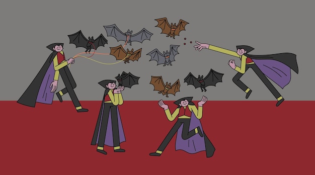 Dracula met Pet Bat Handgetekende karakterillustratie