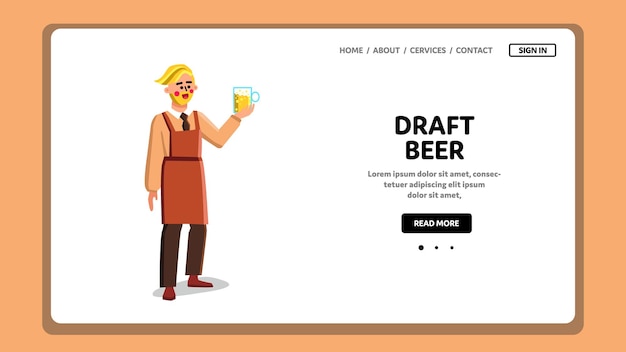 Draft beer drink glass holding pub client vector. fresh light draft beer alcoholic beverage in mug hold happy young man. character brewed alcohol leisure time web flat cartoon illustration