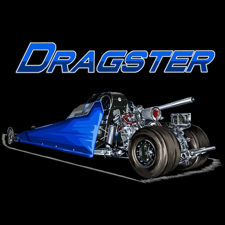 Vector drag racing car on black background for poster, t-shirt print, business element, social media.