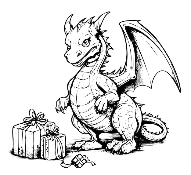 Dragon baby met geschenken Nieuwjaar clipart schets hand getekende vector