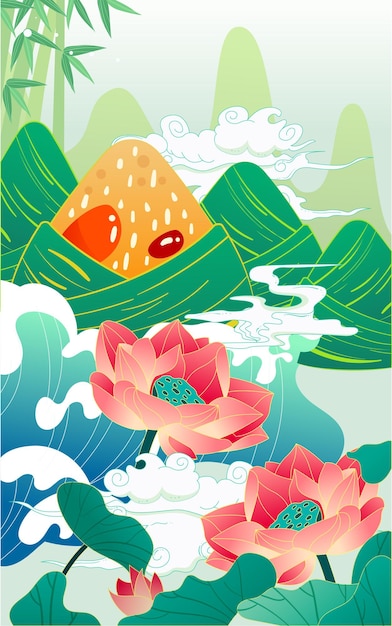 Dragon boat festival food dumplings with river and lotus flowers in the background vector