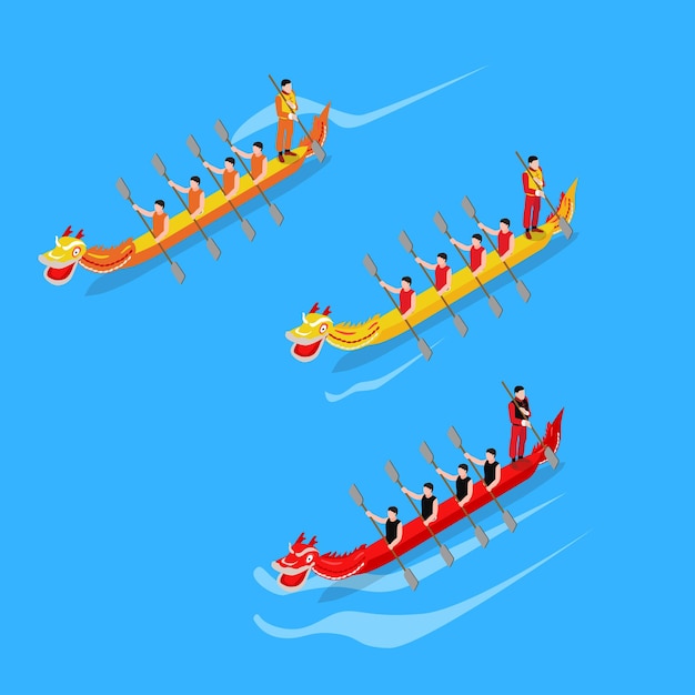 Dragon boat festival mensen in lange schepen op water 3d isometrisch