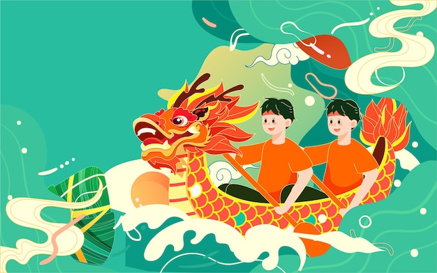 Dragon boat festival-mensen racen met drakenboot met golven en zongzi op de achtergrondvector