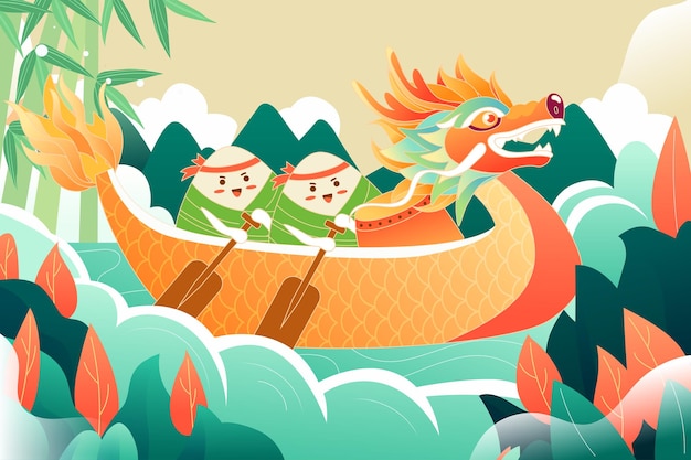 Dragon boat festival people racing dragon boats on the river vector illustration