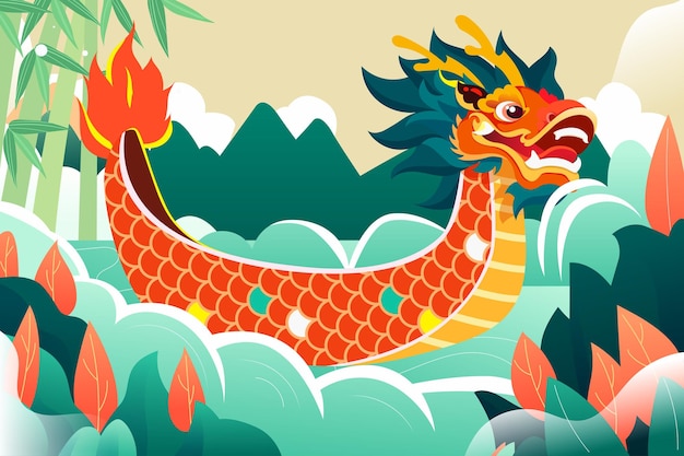 Dragon boat festival people racing dragon boats on the river vector illustration