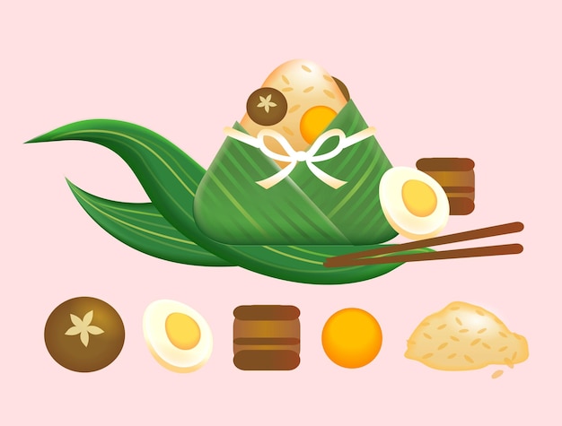 용 보트 축제 전통 음식 Zongzi 버섯 삼겹살 계란 쌀과 대나무 잎