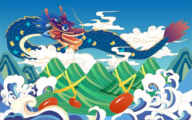 Vettore dragon boat festival con gnocchi di riso nel mare e draghi nel cielo illustrazione vettoriale