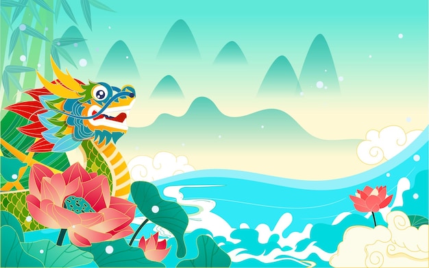 Dragon boat race eating zongzi traditional festival customs vector illustration