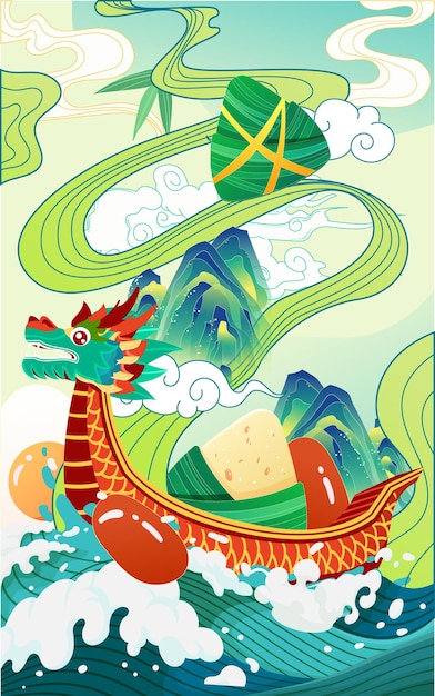Гонки на лодках-драконах по реке на фестивале лодок-драконов с цветами лотоса и цзунцзы