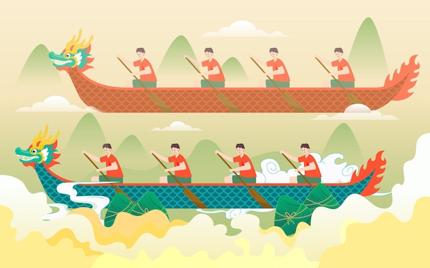 Vettore gara in barca del drago sull'acqua per il festival della barca del drago con montagne e onde come vettore di sfondo