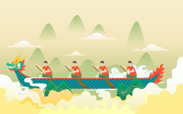 Vector dragon boat race on water for dragon boat festival with mountains and waves as background vector