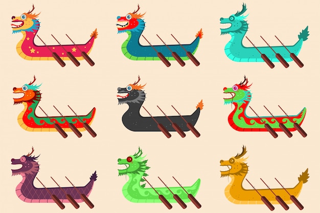 Dragon boat racing set per il festival cinese. icone del fumetto isolate