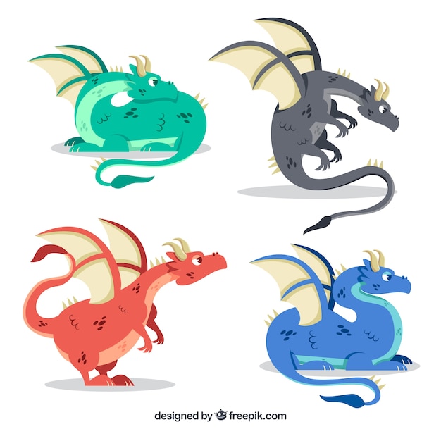 Vector dragon character collection with flat design