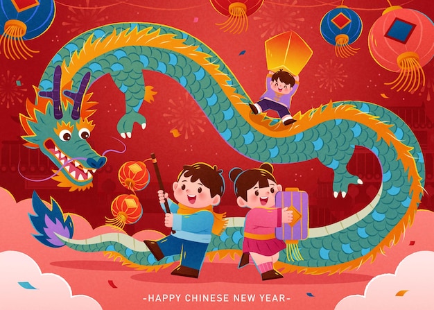 Vector dragon and children celebrating cny