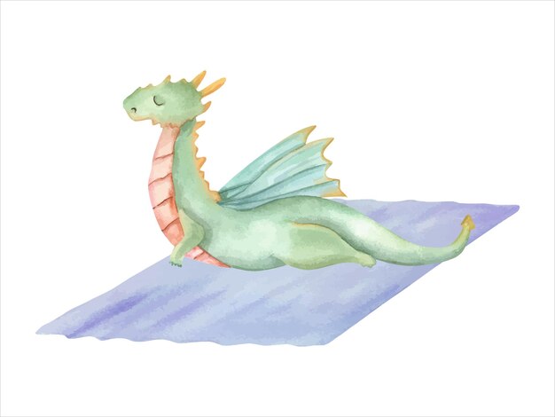 Vector dragon doing stretching on the mat cute animal practicing fitness exercises green dragon with wings cartoon style watercolor illustration for yoga center label poster