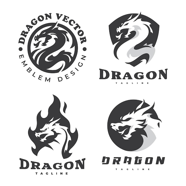 Dragon emblem logo set dragon head circle shield and fire or flame vector icon collection