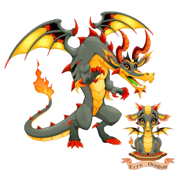 Vettore dragon of fire element, cucciolo e adulto