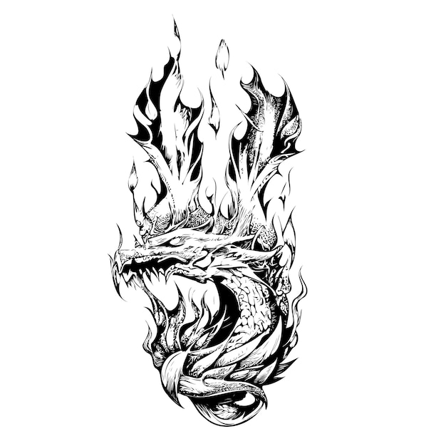 Dragon on fire hand drawn sketch vector illustration.