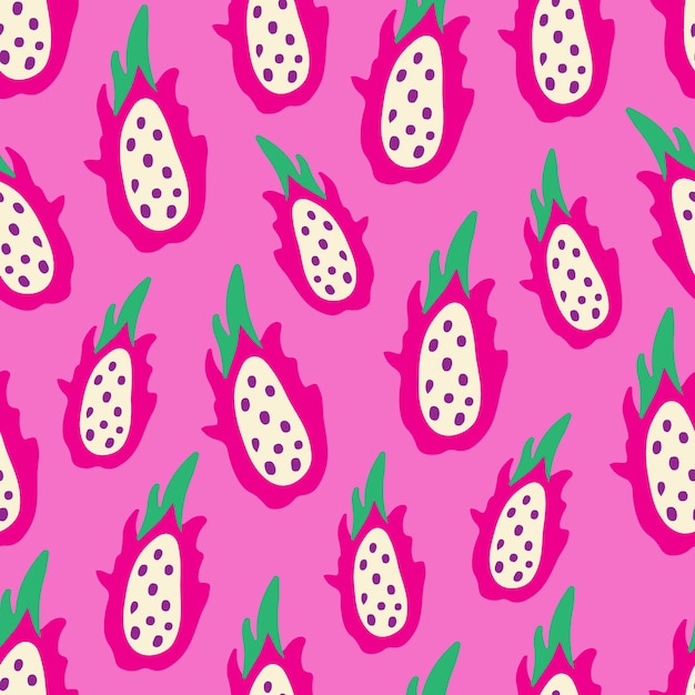 Dragon fruit vector seamless pattern Tropical doodle background with hand drawn slice of pitaya