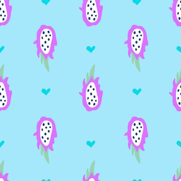 Dragon fruit vector seamless pattern Tropical doodle background with hand drawn slice of pitaya