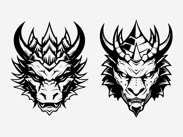 Dragon head tribal tattoo black and white illustration logo set