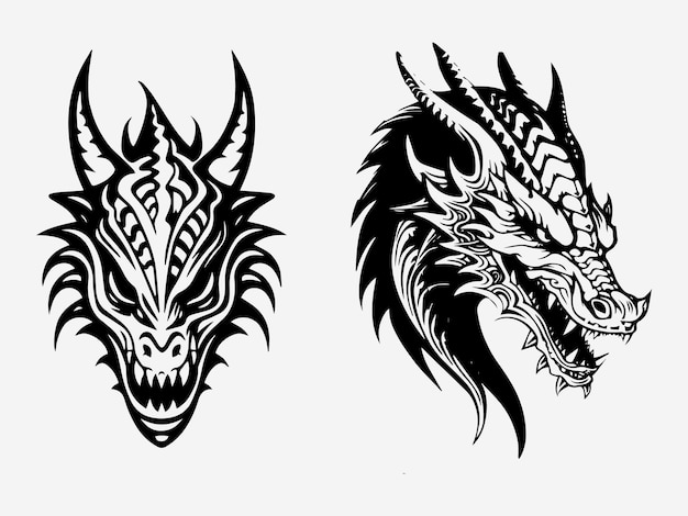 Dragon head tribal tattoo black and white illustration logo set