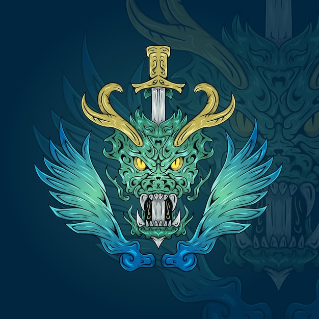 Vector dragon head and wings with sword illustration