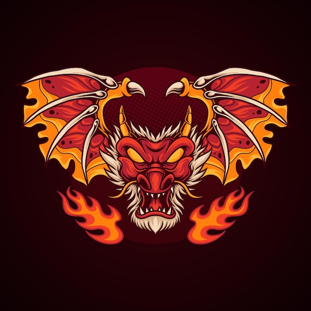 Vector dragon head with wing