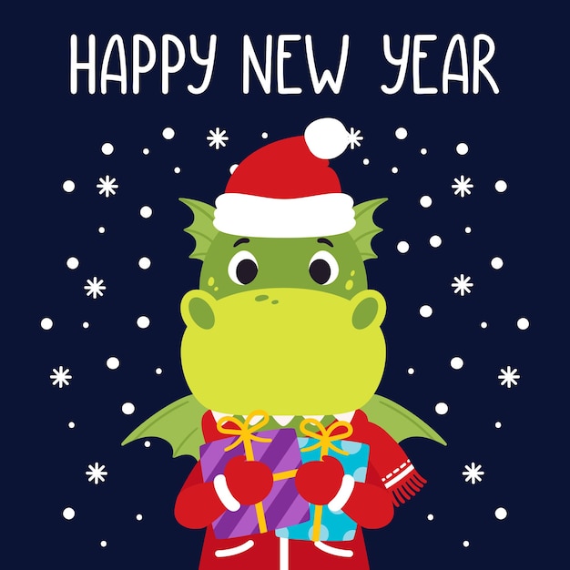 Il drago tiene i regali. cartolina d'auguri di felice anno nuovo con dinosauro.