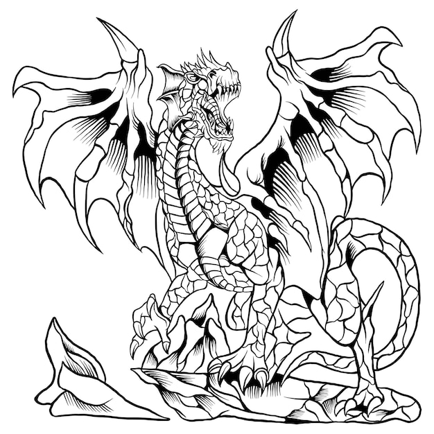 dragon illustration tattoo style in black and white