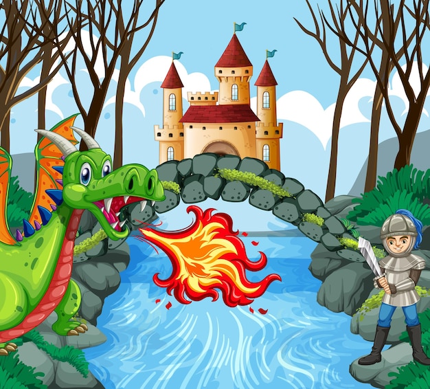 Drago e cavaliere nella scena della foresta del castello