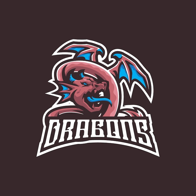 Vettore di progettazione del logo della mascotte del drago con stile di concetto di illustrazione moderna per la stampa di badge, emblema e t-shirt. illustrazione del drago arrabbiato per la squadra di sport ed esport.