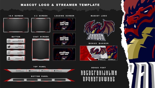 Dragon mascot logo and twitch overlay template Premium Vector