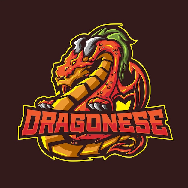 Dragon mascot met een tekst dragonese.