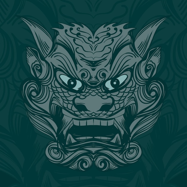 Dragon mask mirror illustration with hand sketch