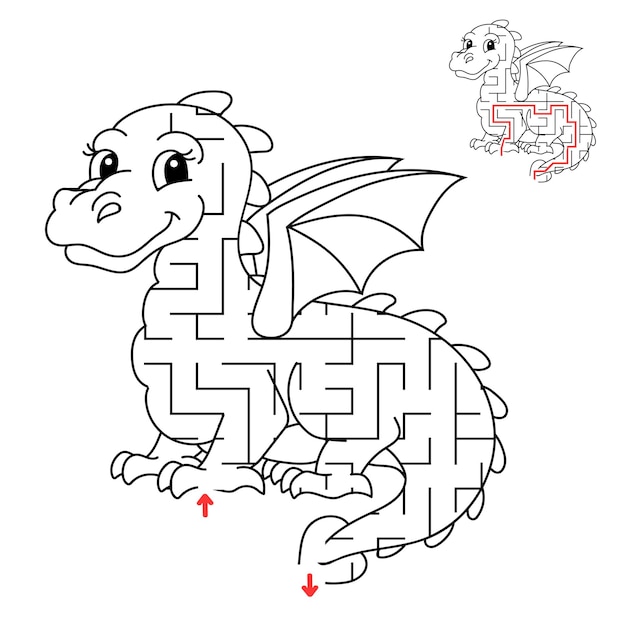 Dragon maze Game for kids Puzzle for children Labyrinth conundrum Find the right path With answer