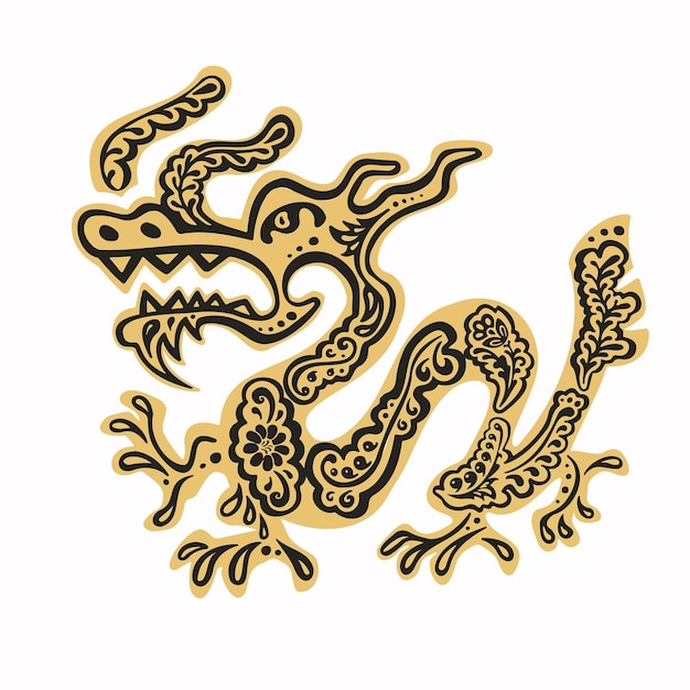 Dragon monster in Khokhloma painting style black and gold and vector illustration