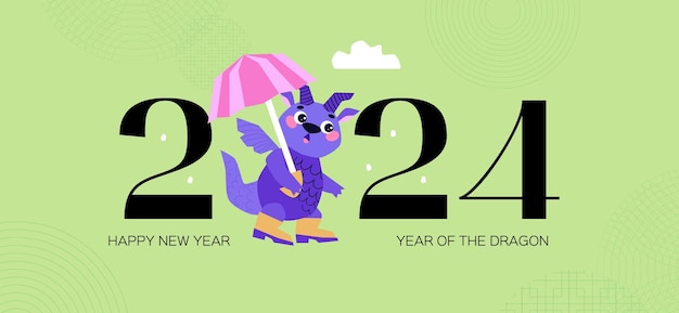 Dragon in rubber boots with an umbrella Happy Chinese New Year 2024 Year of the Dragon Lunar new year celebration concept for greeting card Green Banner template Vector