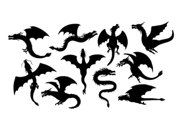 Vector dragon silhouette graphic design template set