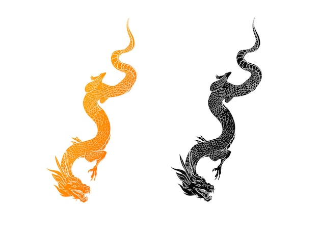 Dragon silhouette vector and dragon color tattoo illustration