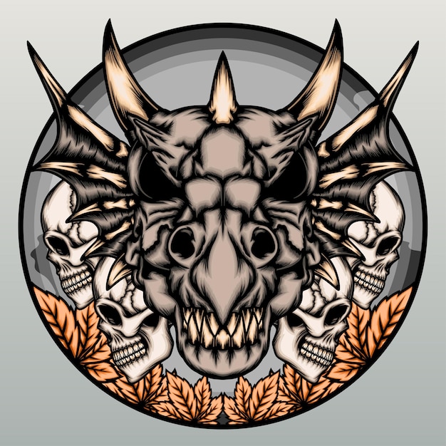 Dragon skull with human skull isolated on gray