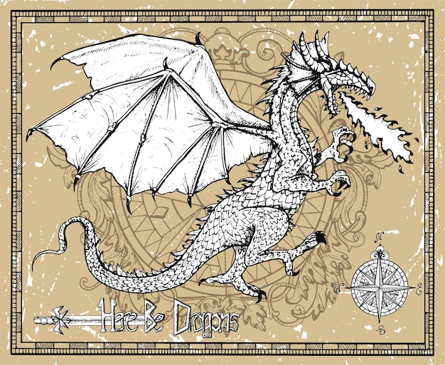 Dragon snorting fire compass en titel Here Be Dragons in het frame