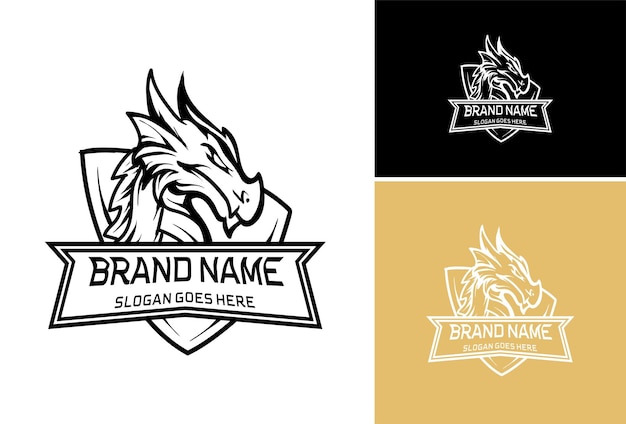 Dragon Sport logo drie opties Dragon on Shield Sport Mascot Set Logo Template