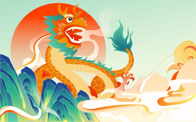 Vector a dragon travels through the mountains with clouds and the sun in the background