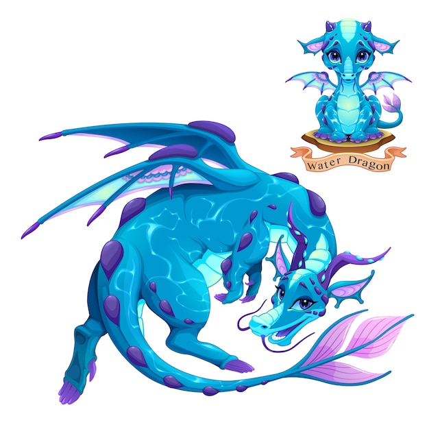 Vector dragon of water element, puppy and adult