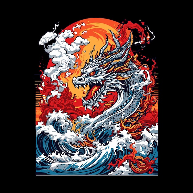 Vector dragon with ocean with big waves vector illustration