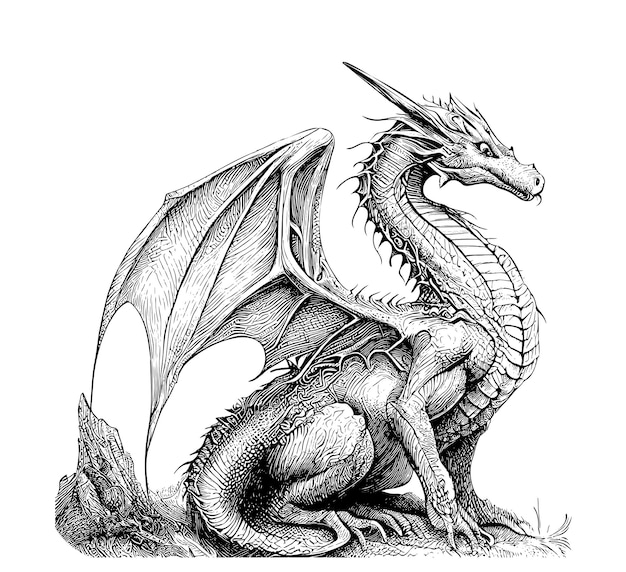 A dragon with wings and a tail is sitting on the ground.