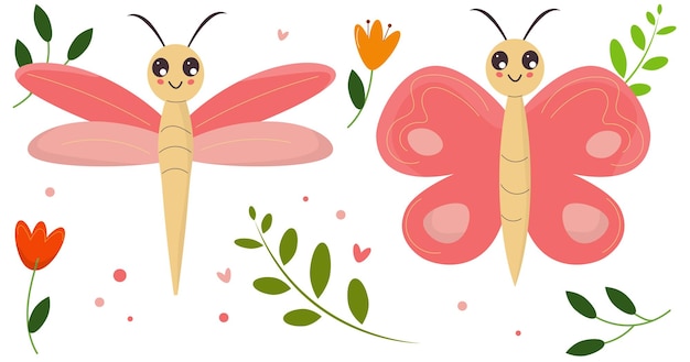 Dragonfly en vlinder cartoon insecten insect clipart